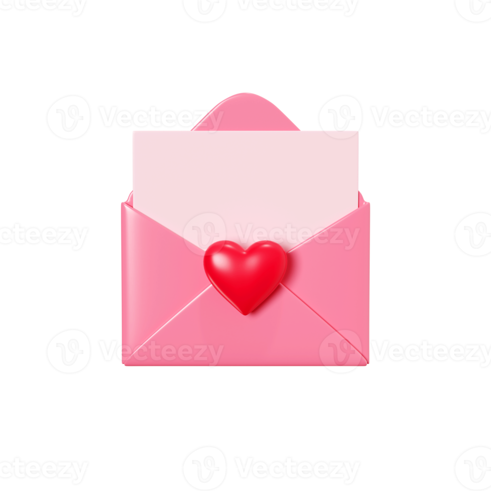 Love letter 3d render - open pink envelope with paper card and red heart decoration. png