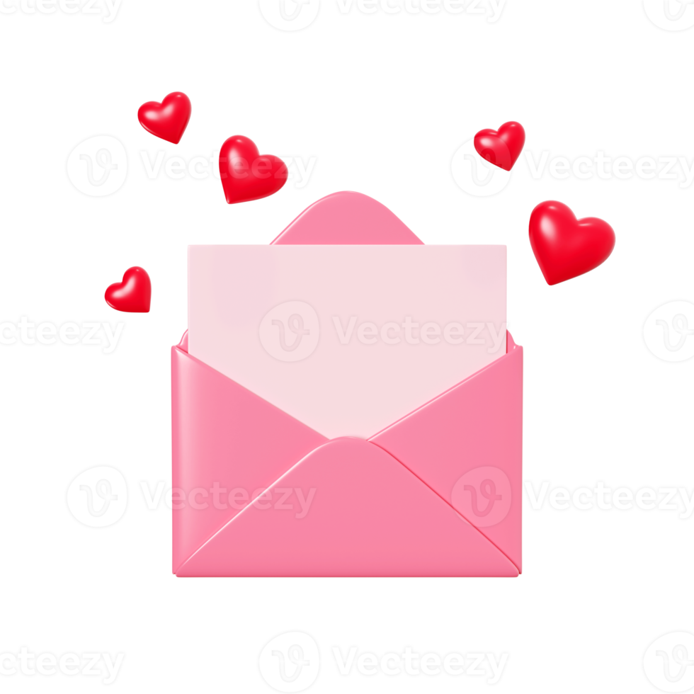 Love letter 3d render - pink envelope closed and open with paper card and red heart decoration. png