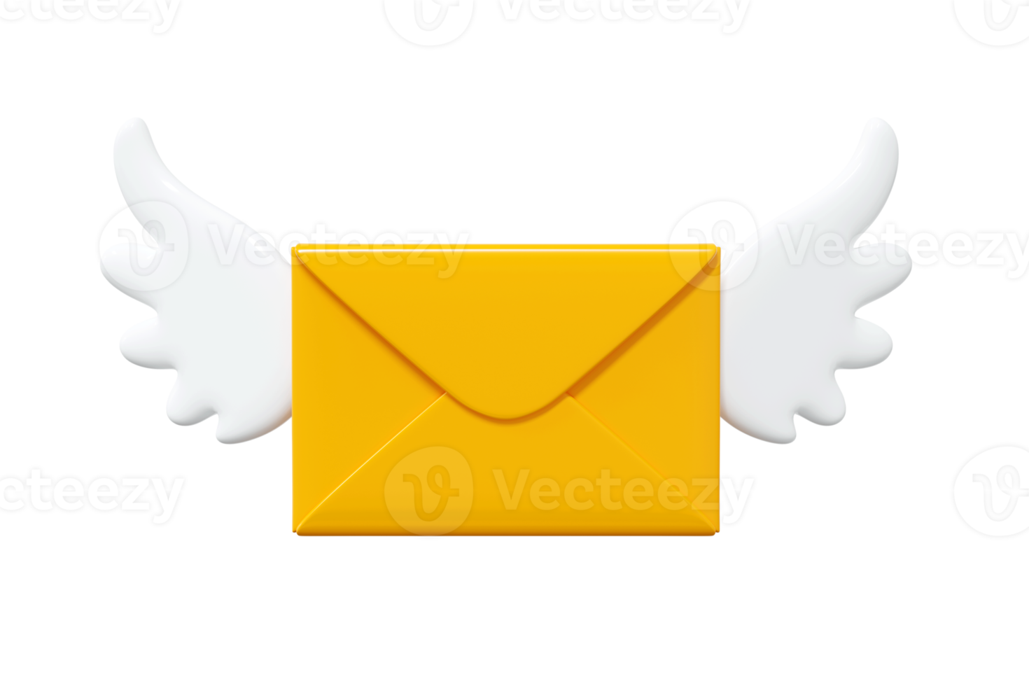 Flying letter with wings 3d render illustration. Cartoon winged paper yellow envelope for fast delivery of newsletter. png