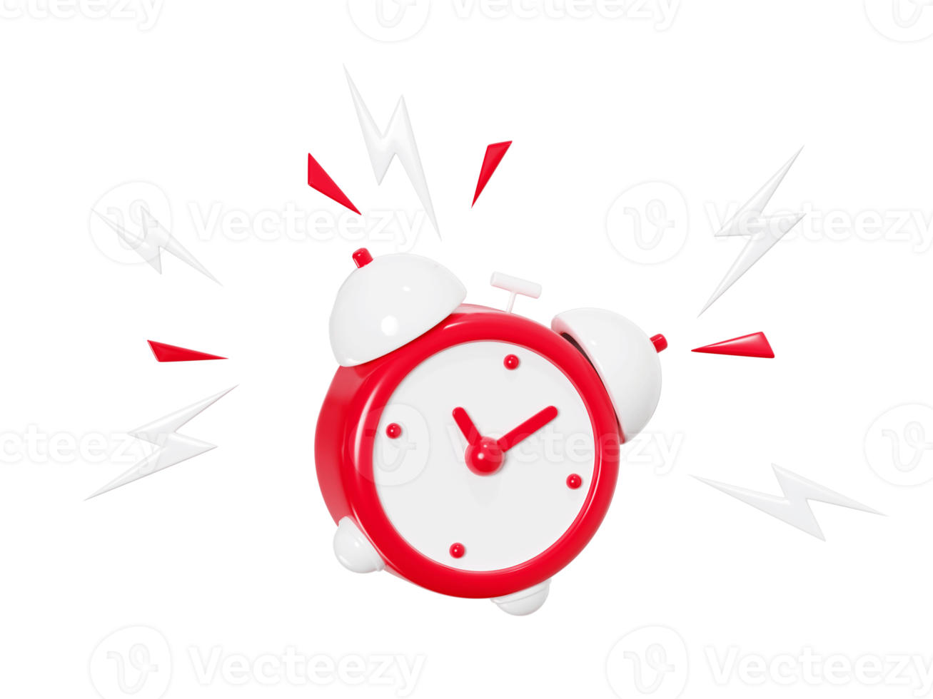 Clock alarm 3d render - jumping and ringing red and white watch with lightning around for deadline or awake concept. png