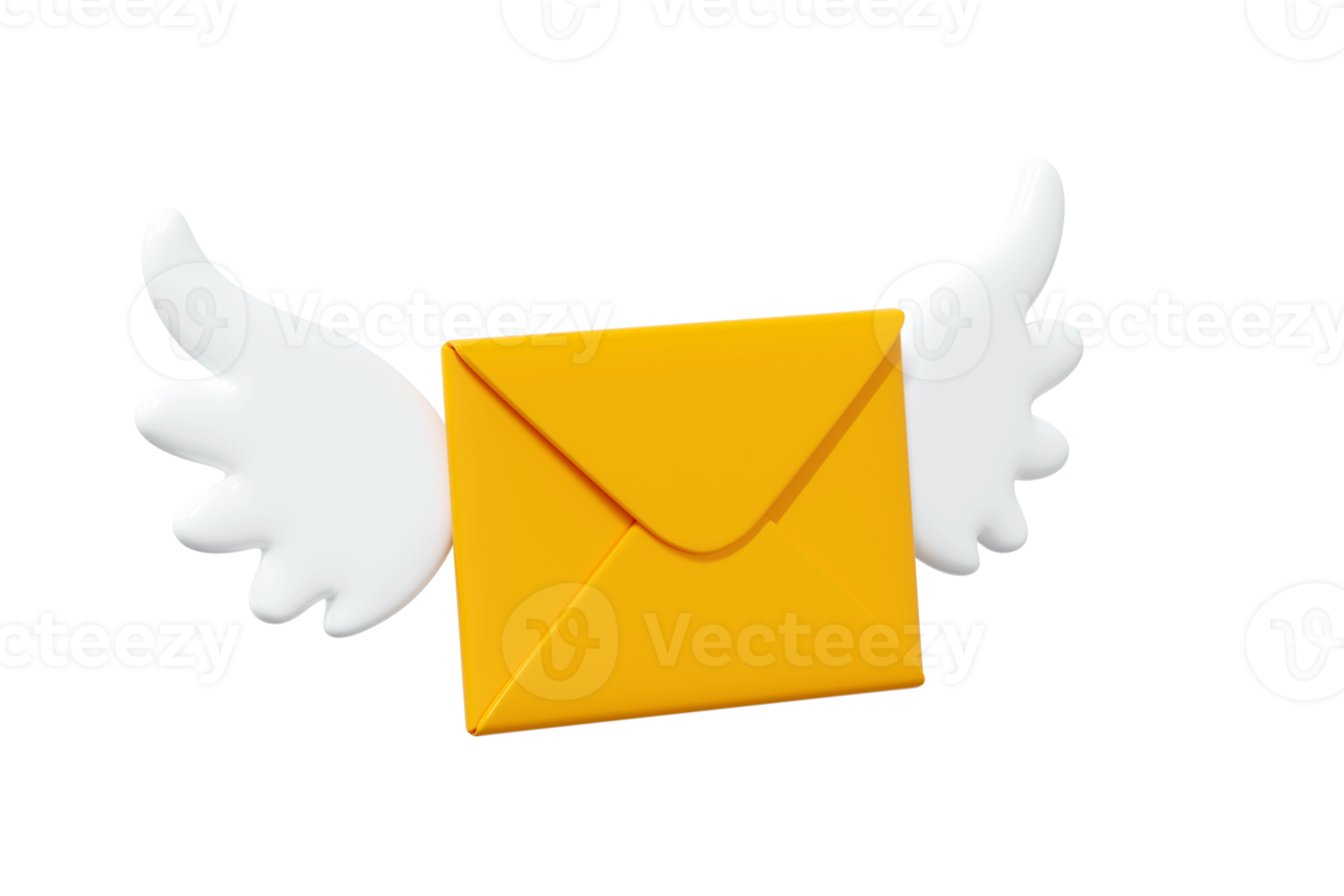 Flying letter with wings 3d render illustration. Cartoon winged paper yellow envelope for fast delivery of newsletter. png