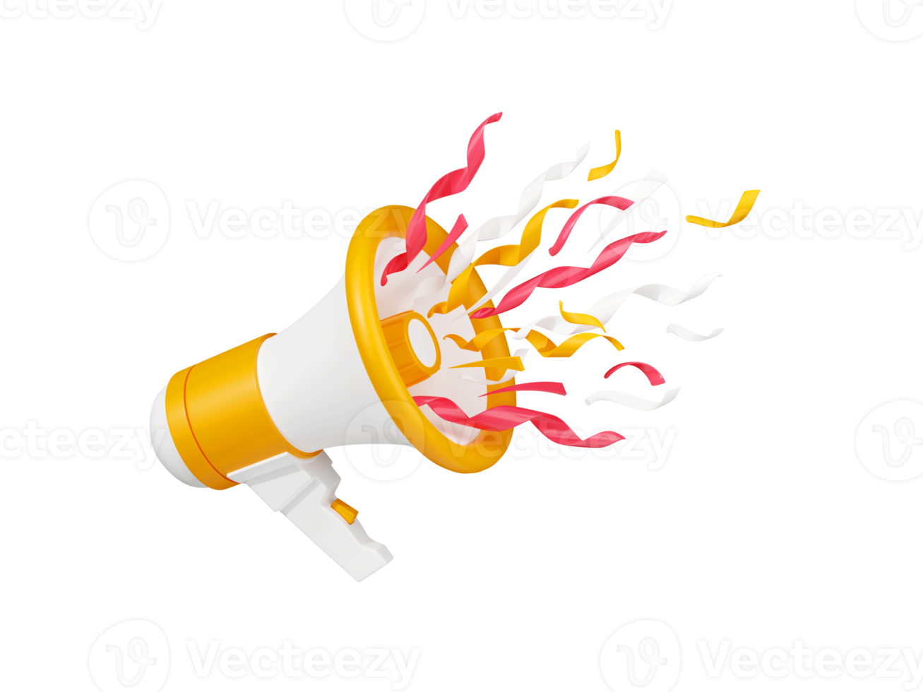 Loudspeaker with confetti 3d render - yellow and white megaphone banner for announcement or advertising message. png