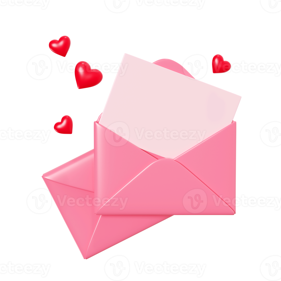 Love letter 3d render - pink envelope closed and open with paper card and red heart decoration. png