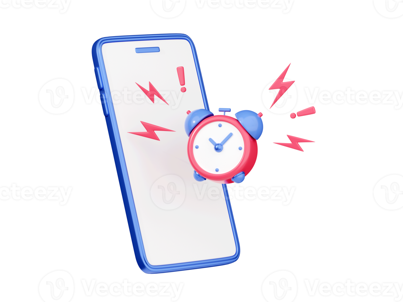 klocka larm på mobil telefon 3d framställa - Hoppar och ringande röd och blå Kolla på med blixt- runt om. png