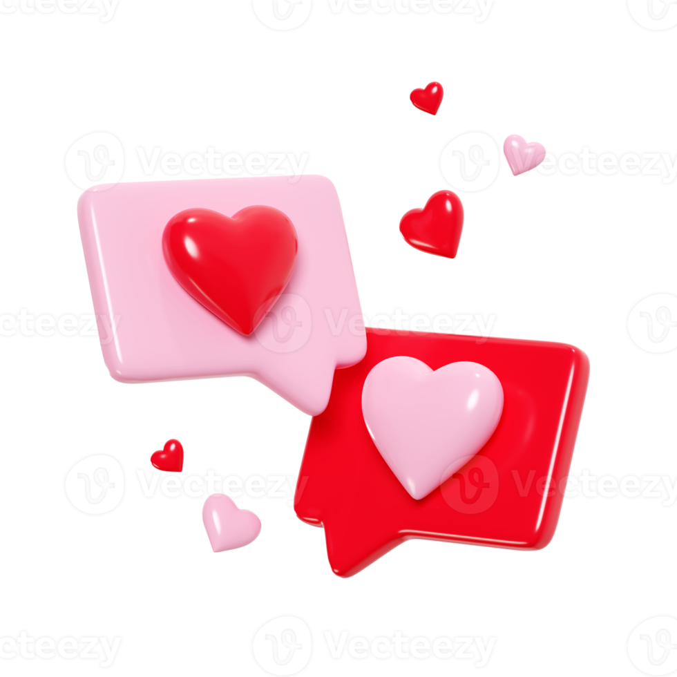 Couple love conversation - 3d render illustration of two speech bubbles with heart for romantic Valentine Day chat. png