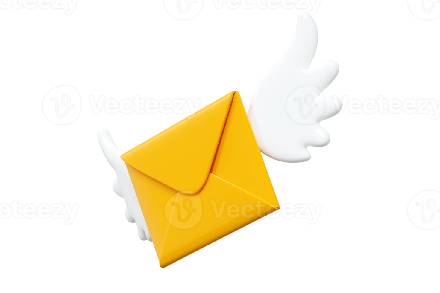 Flying letter with wings 3d render illustration. Cartoon winged paper yellow envelope for fast delivery of newsletter. png