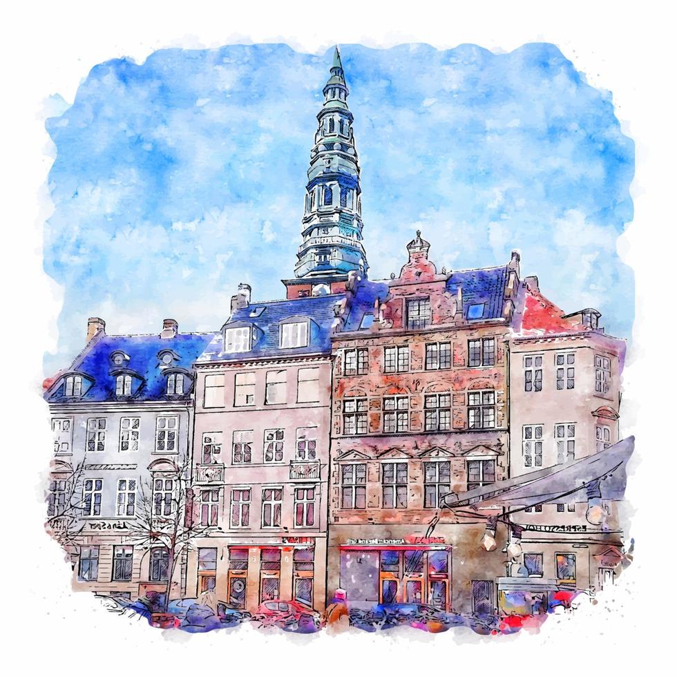 ilustración de dibujado a mano de bosquejo de acuarela de copenhague dinamarca vector