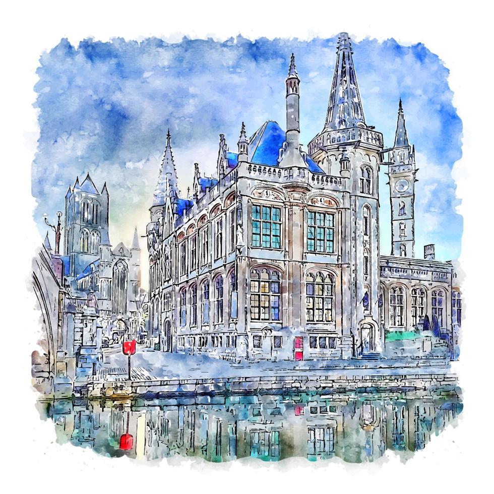 Ghent Belgium Watercolor sketch hand drawn illustration vector