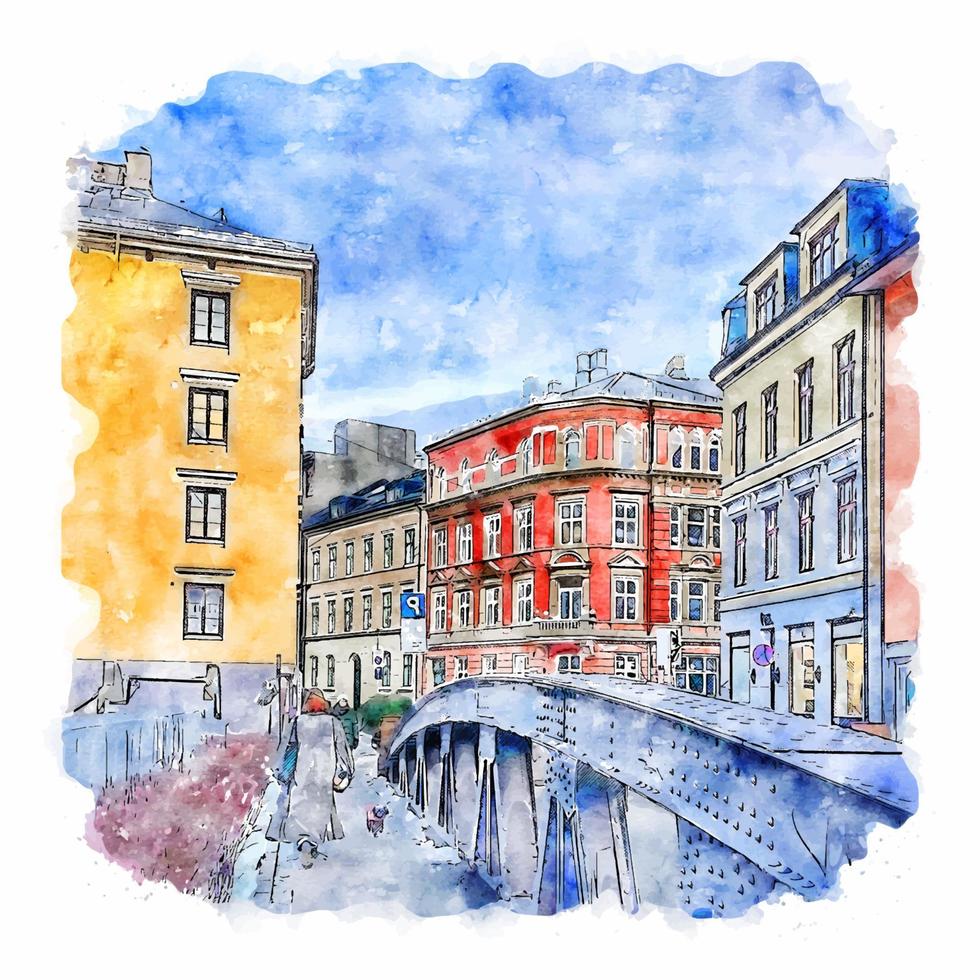 Oslo Noruega acuarela bosquejo mano dibujado ilustración vector
