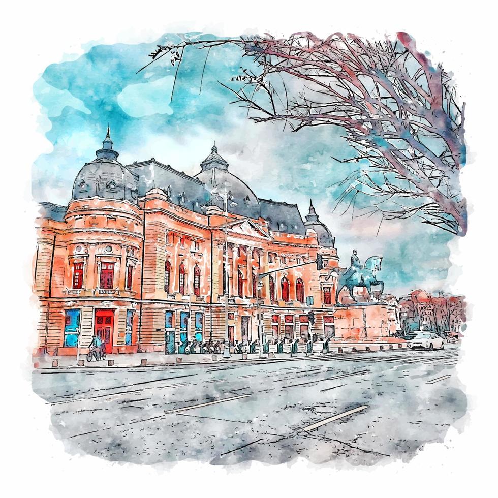 Architecture Romania Watercolor sketch hand drawn illustration vector