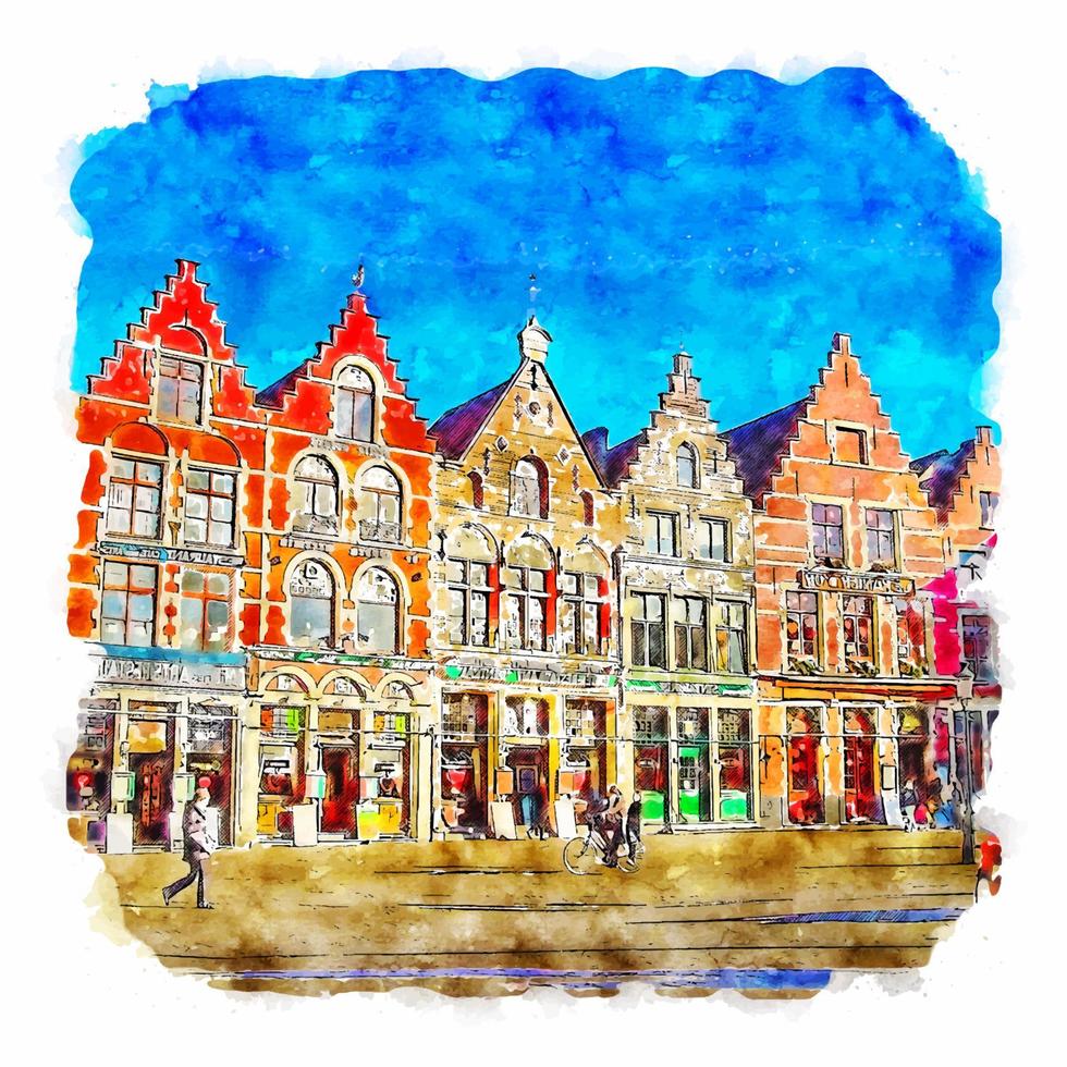 Architecture Belgium Watercolor sketch hand drawn illustration vector