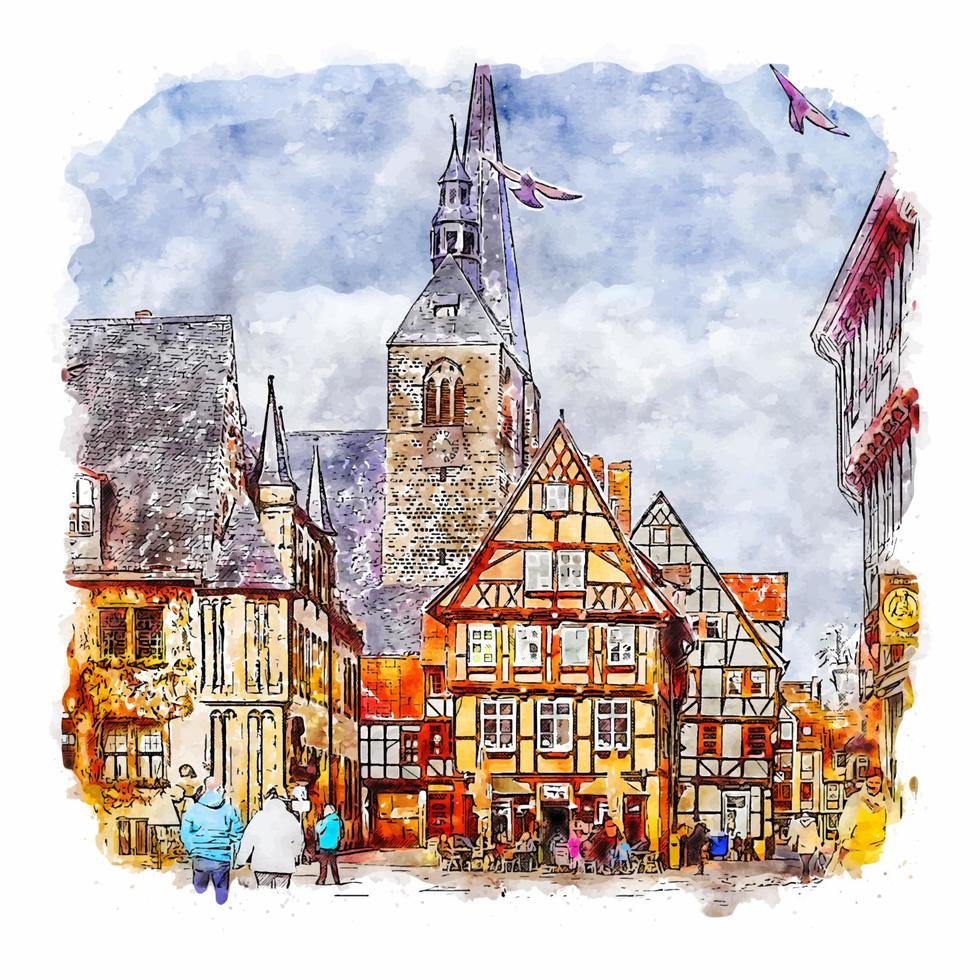 Quedlinburg Germany Watercolor sketch hand drawn illustration vector