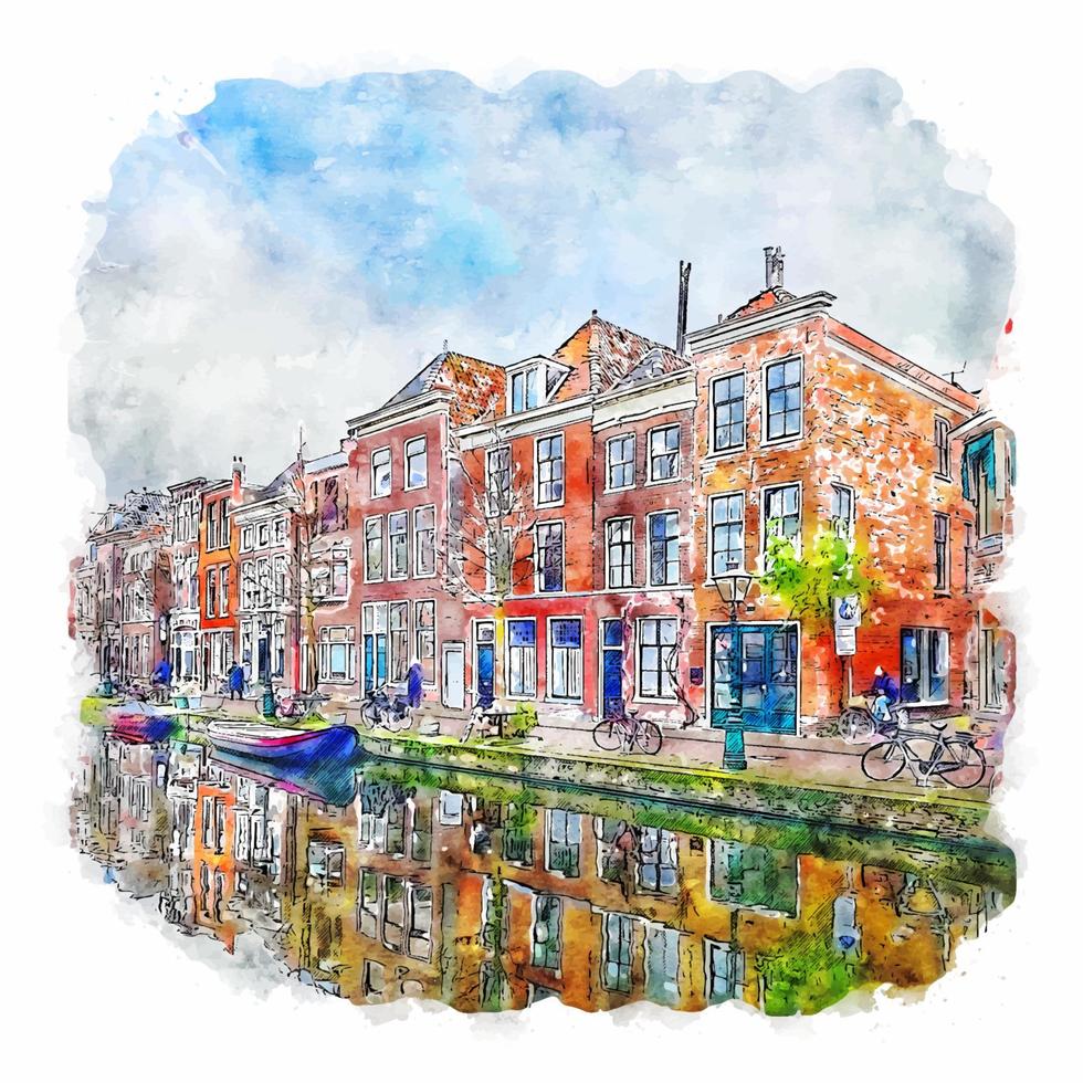 Leiden Netherlands Watercolor sketch hand drawn illustration vector