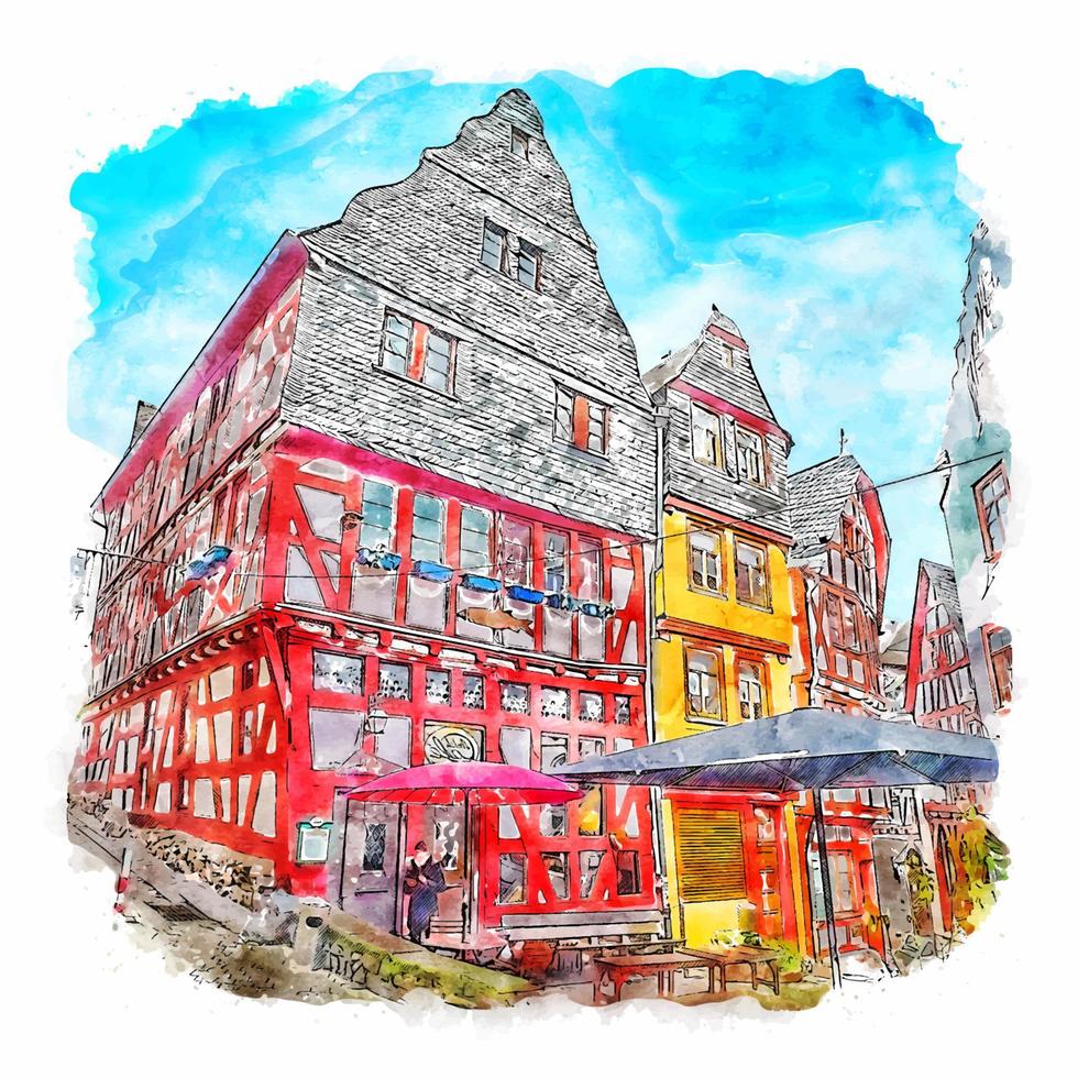 Old Town Limburg Germany Watercolor sketch hand drawn illustration
