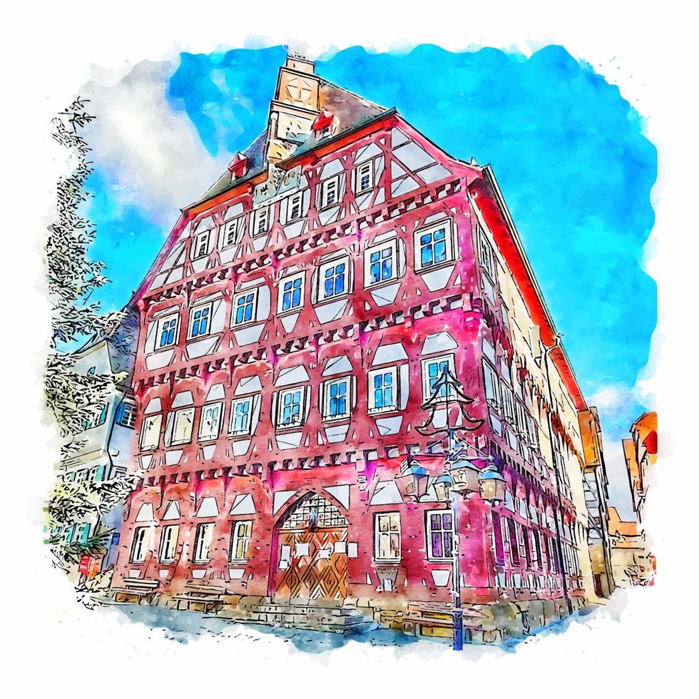 Rathaus markgroningen Alemania acuarela bosquejo mano dibujado ilustración vector