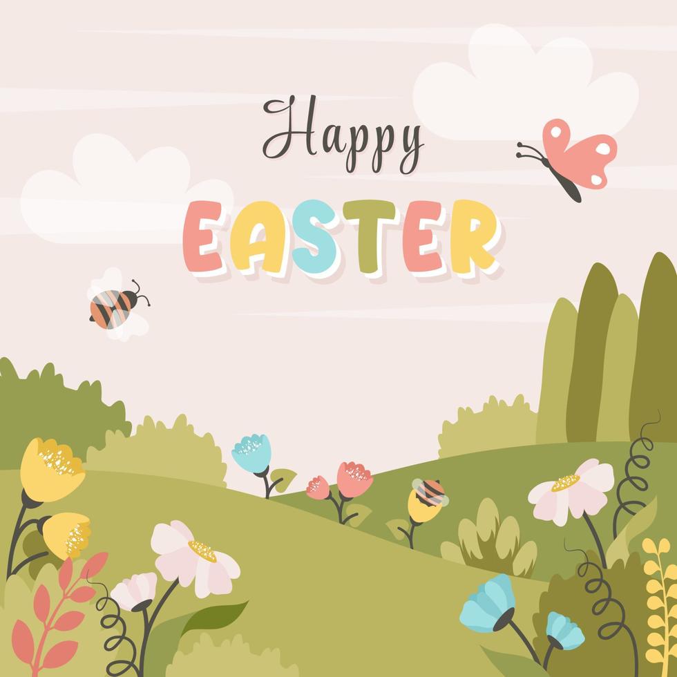 Happy Easter greeting card. Spring landscape with wildflowers, plants, leaves, butterfly, bee. Vector flat cartoon illustration for holiday poster, banner