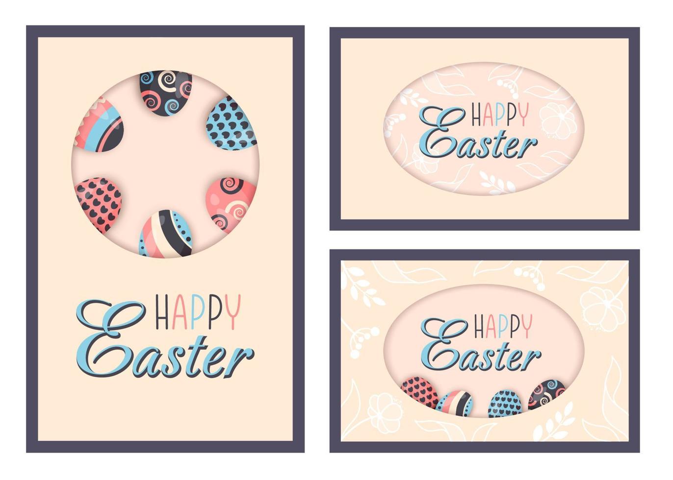 Set of Happy Easter greeting card. Festive dyed eggs decorated different abstract pattern. Holiday seasonal religious symbol with hand draw ornaments. Vector flat illustration for card, poster, banner