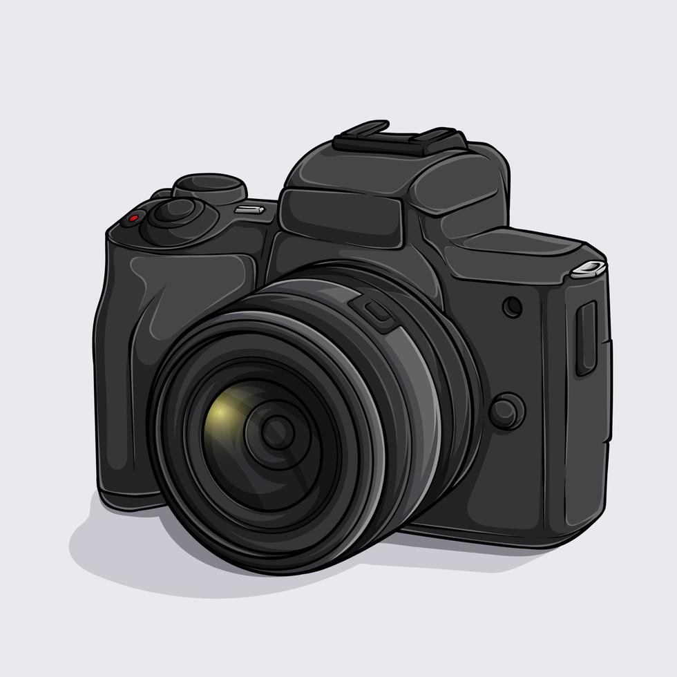 Hand drawn modern black photo camera isolated. Digital camera, photography equipment vector