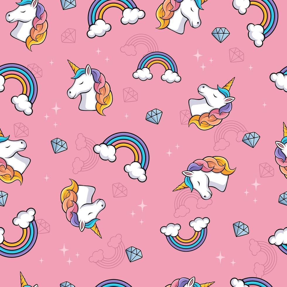 Pink Unicorns seamless pattern with cute little unicorns, colorful rainbows and diamonds vector