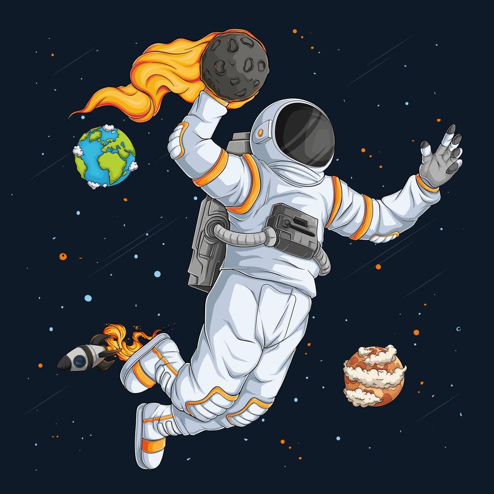 Hand drawn astronaut in spacesuit playing Basketball doing dunk move  over space rocket and planets vector