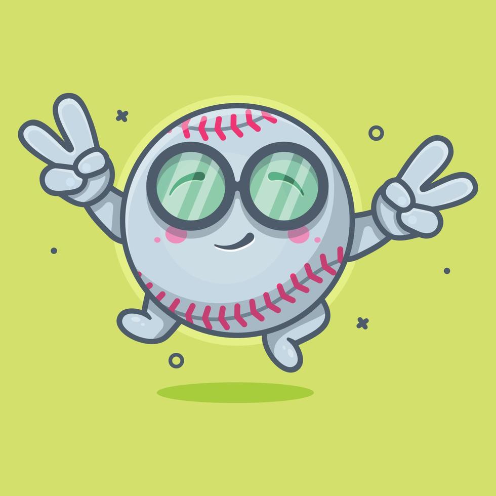 gracioso béisbol pelota personaje mascota con paz firmar mano gesto aislado dibujos animados en plano estilo diseño vector