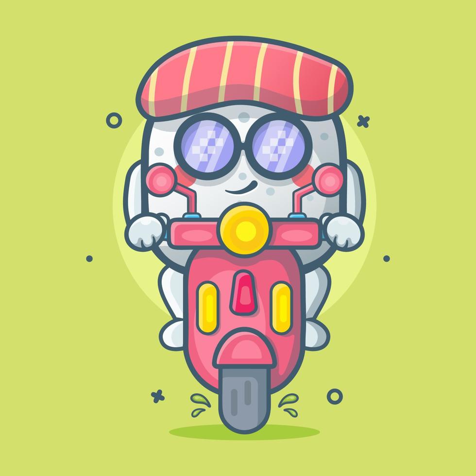 frio Sushi comida personaje mascota montando scooter motocicleta aislado dibujos animados en plano estilo diseño vector