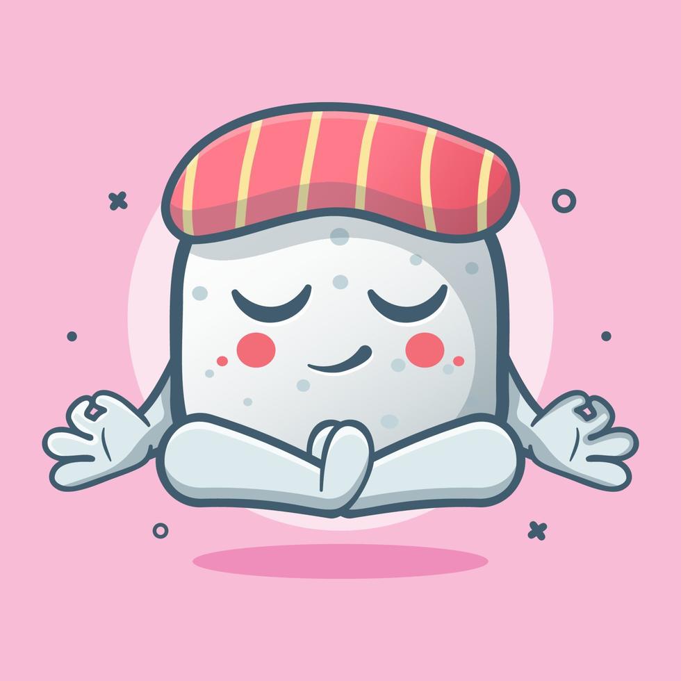 calm sushi food character mascot with yoga meditation pose isolated cartoon in flat style design vector