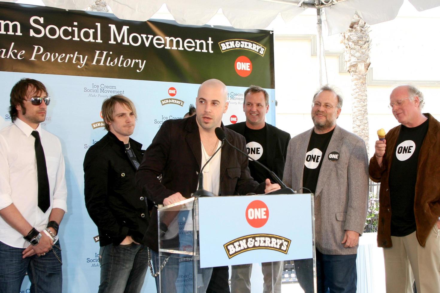 Josh Steely, Ben Cohen of Ben and Jerry s, Jerry Greenfield of Ben and Jerry s, Joey Barnes, Chris Daughtry, Brian Craddock, Josh Paul and David Lane CEO and president of ONE Ben and Jerry s Press Conference Supporting ONE Burbank, CA April 7, 2008 photo