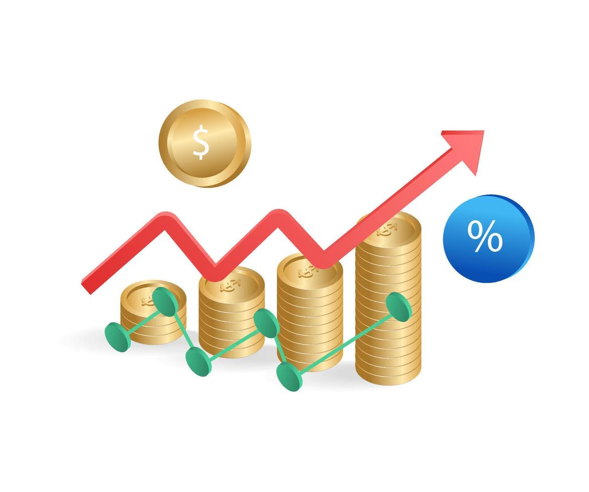 Isometric flat 3d illustration concept of stacks of money forming a bar graph vector