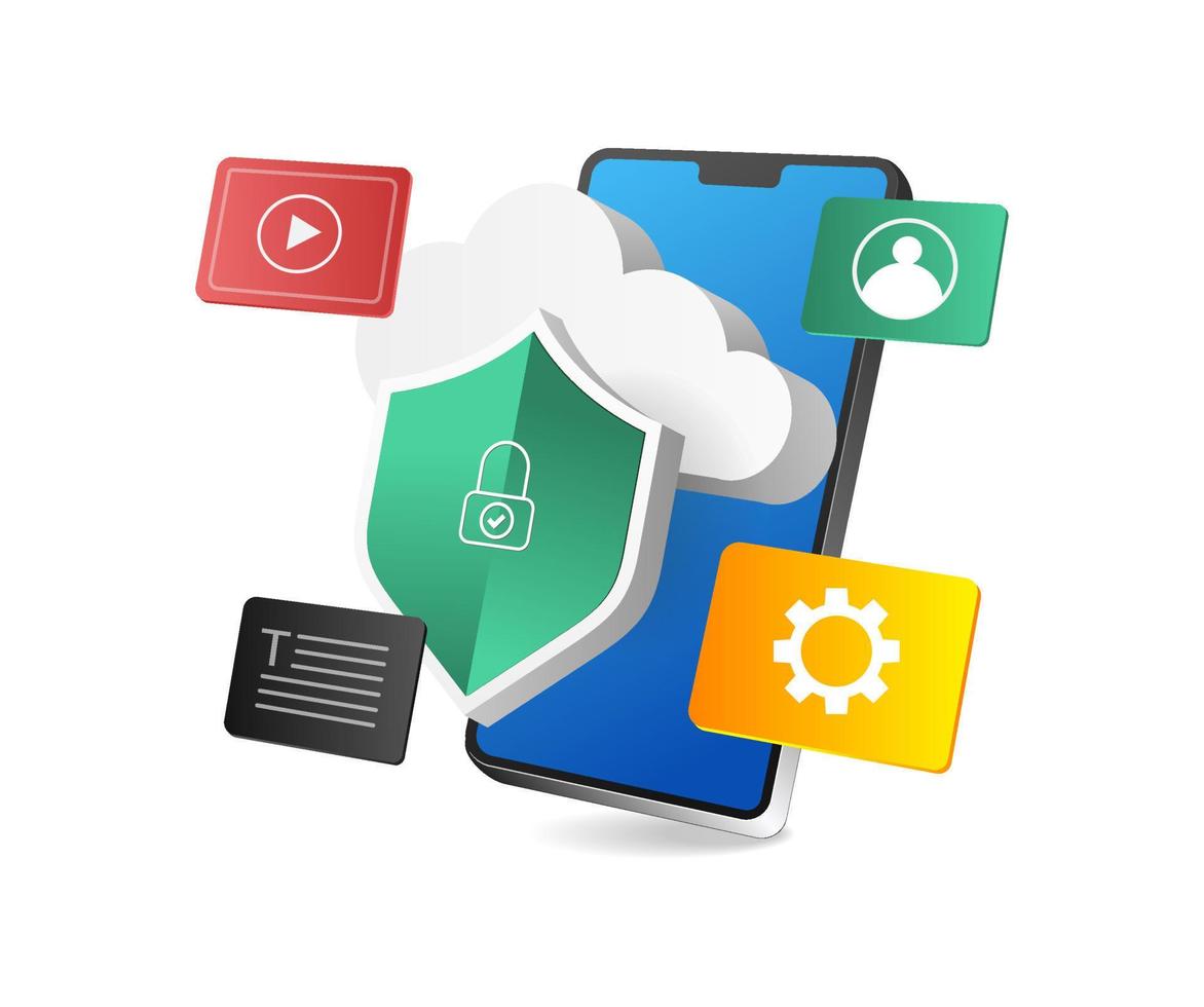 Isometric flat 3d illustration concept of smartphone cloud server application security vector