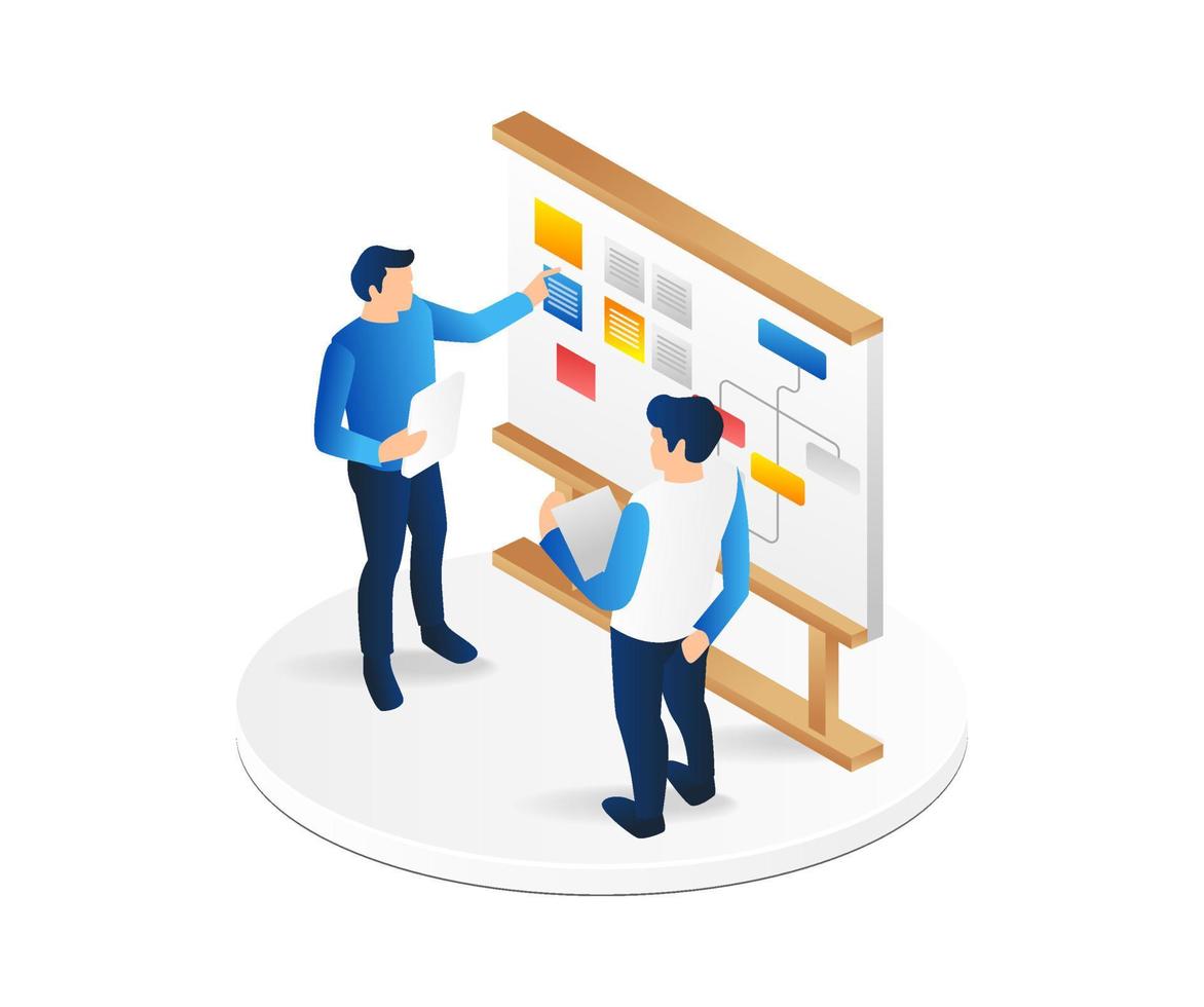 isométrica plano 3d ilustración concepto de dos hombres poniendo juntos un scrumboard para un trabajo plan vector