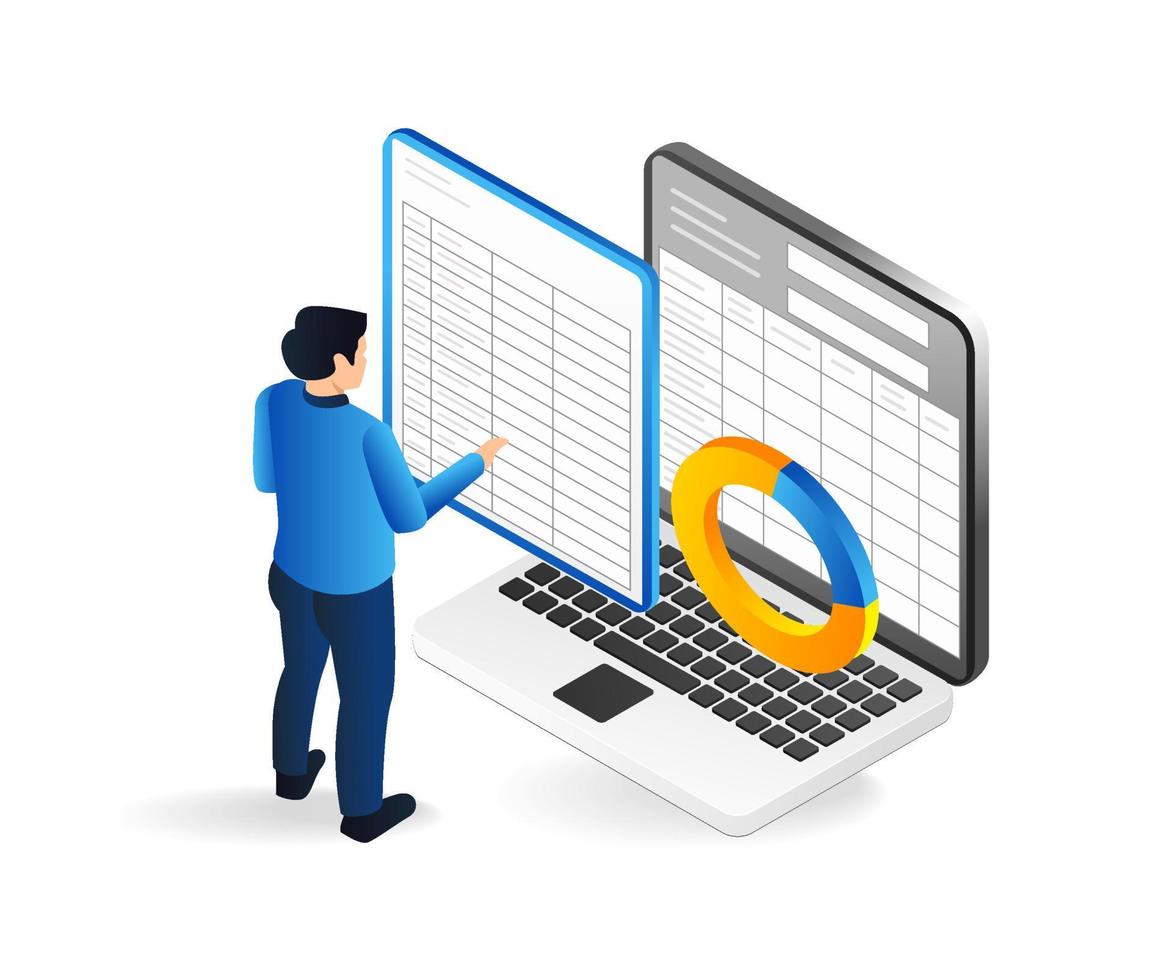Isometric flat 3d illustration concept of man making table with excel vector