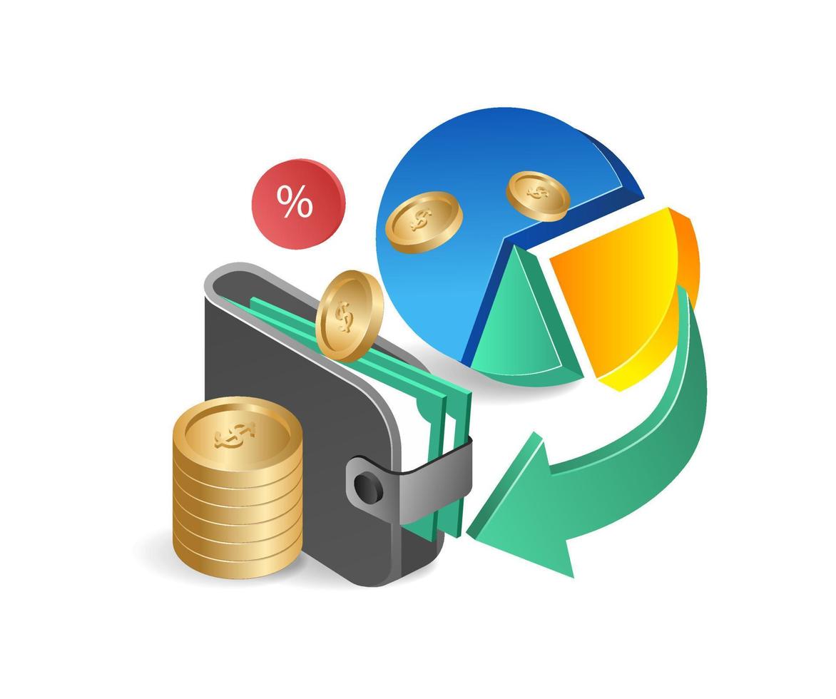 Isometric flat 3d illustration concept of money investment pie chart vector
