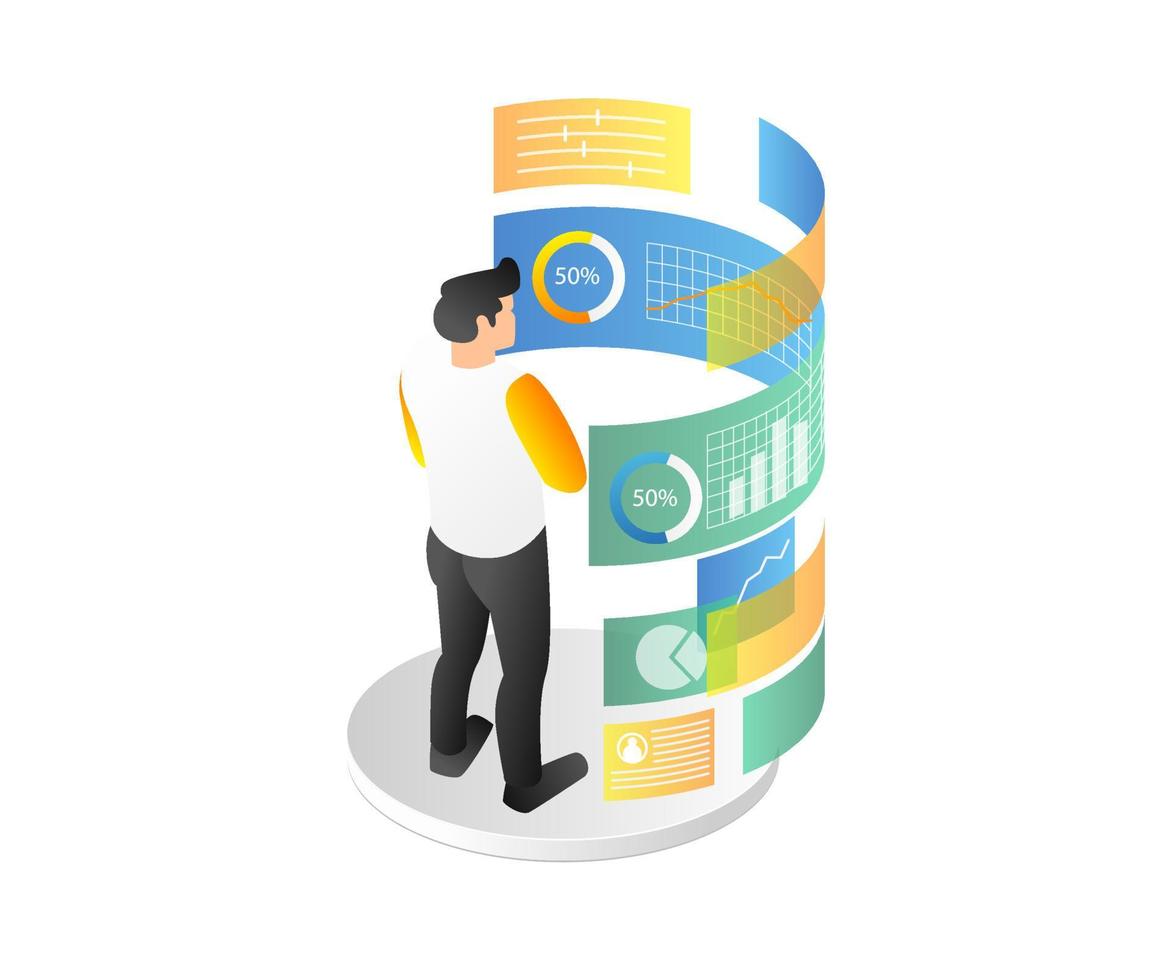 Isometric flat 3d illustration concept of man looking at company data analysis vector
