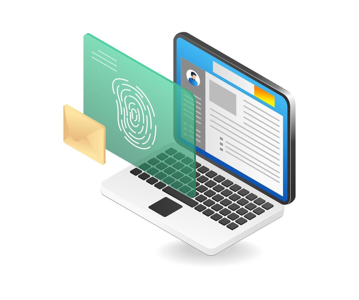 Isometric flat 3d illustration concept of personal data with fingerprint safe vector