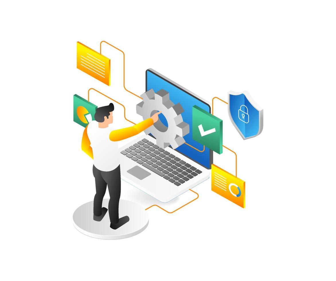 Isometric flat 3d illustration concept of man controlling digital transformation vector