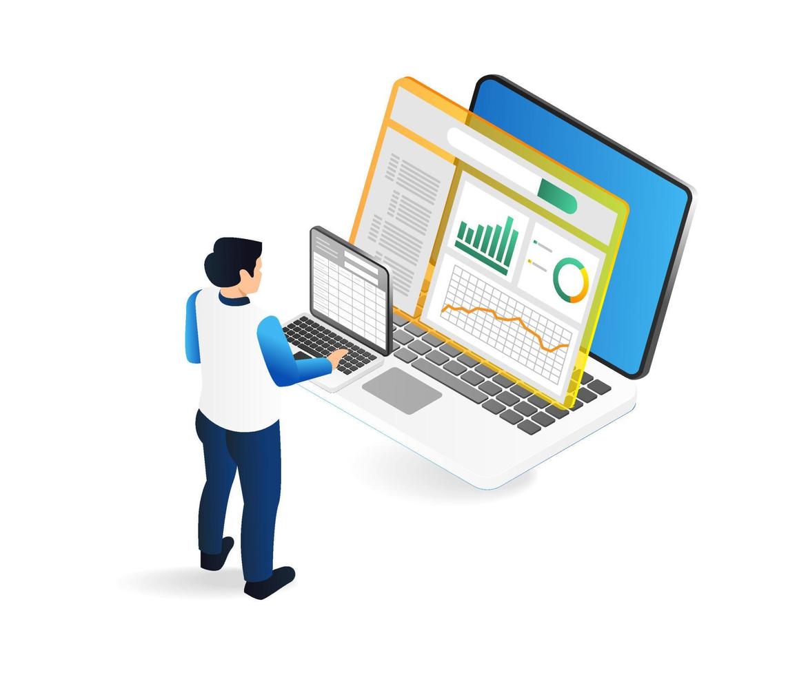 Isometric flat 3d illustration concept of man analyzing data vector