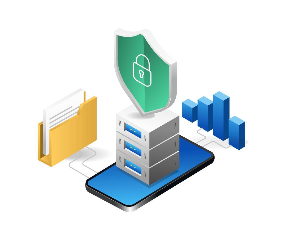 Isometric flat 3d illustration concept of data security analysis software smartphone vector