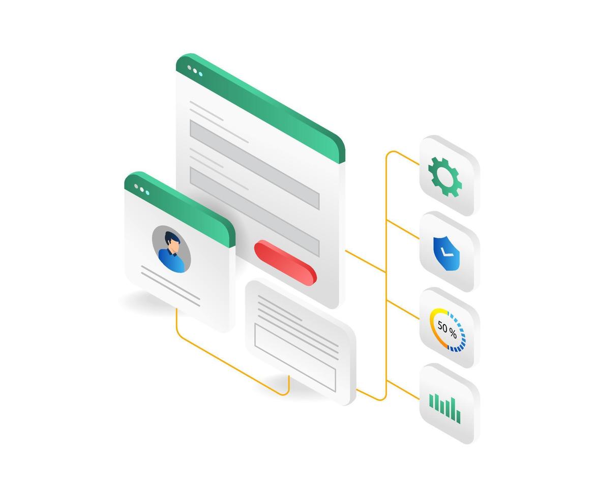 isométrica plano 3d ilustración concepto de personal datos analista pantalla vector