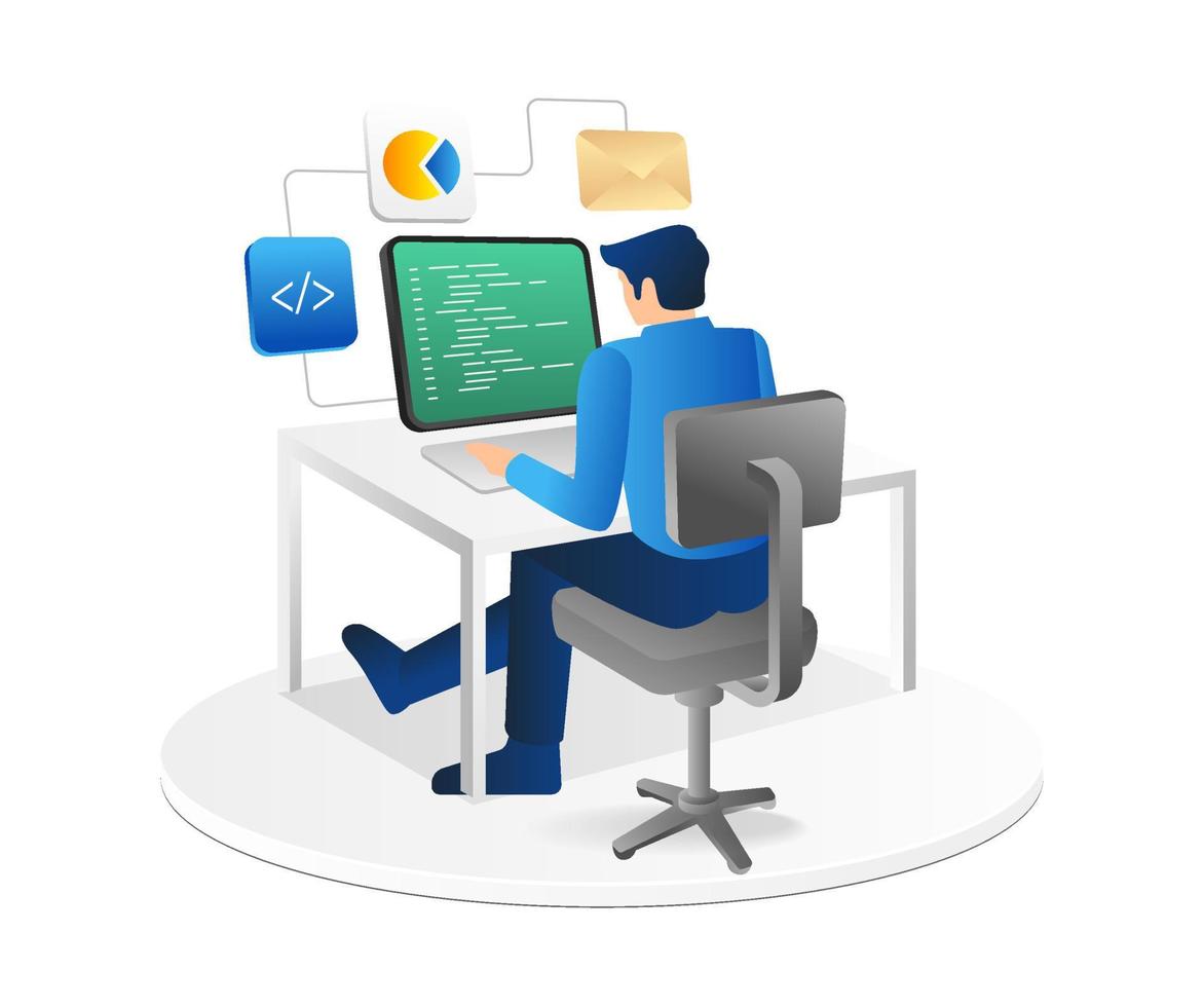 Isometric flat 3d illustration concept of man typing program language for web application vector