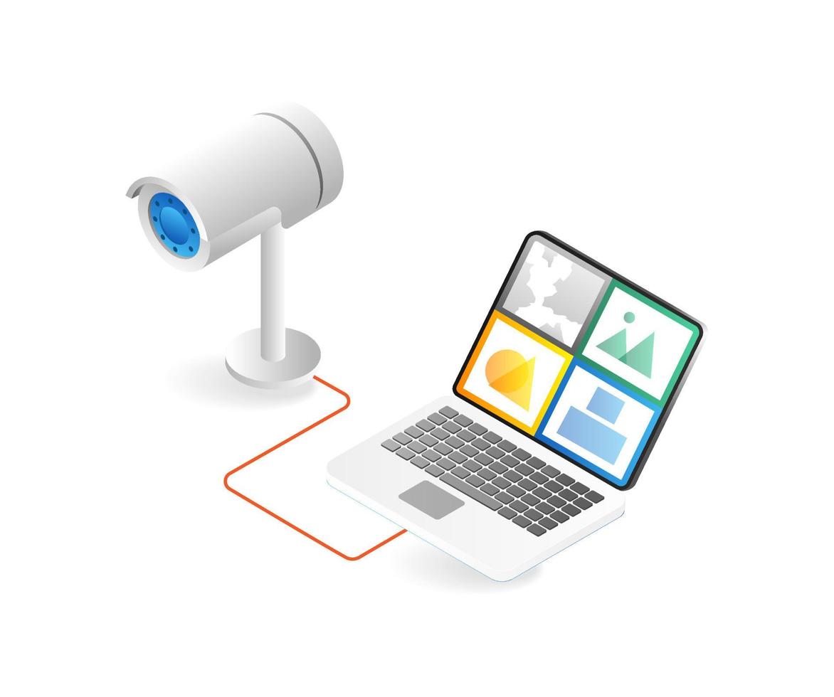 Isometric cctv flat 3d illustration concept with monitor screen vector