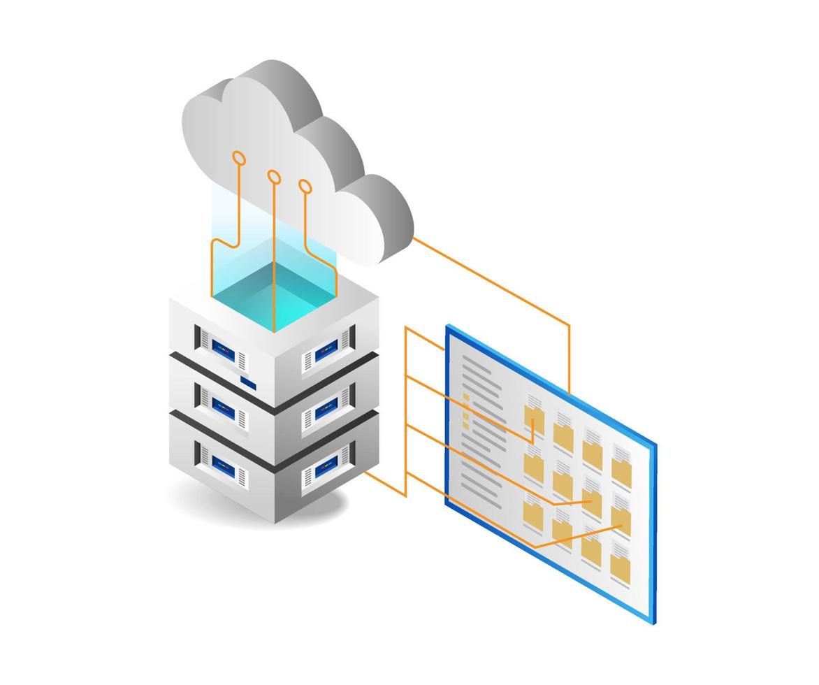 Isometric flat 3d illustration concept of data storage network in cloud server vector