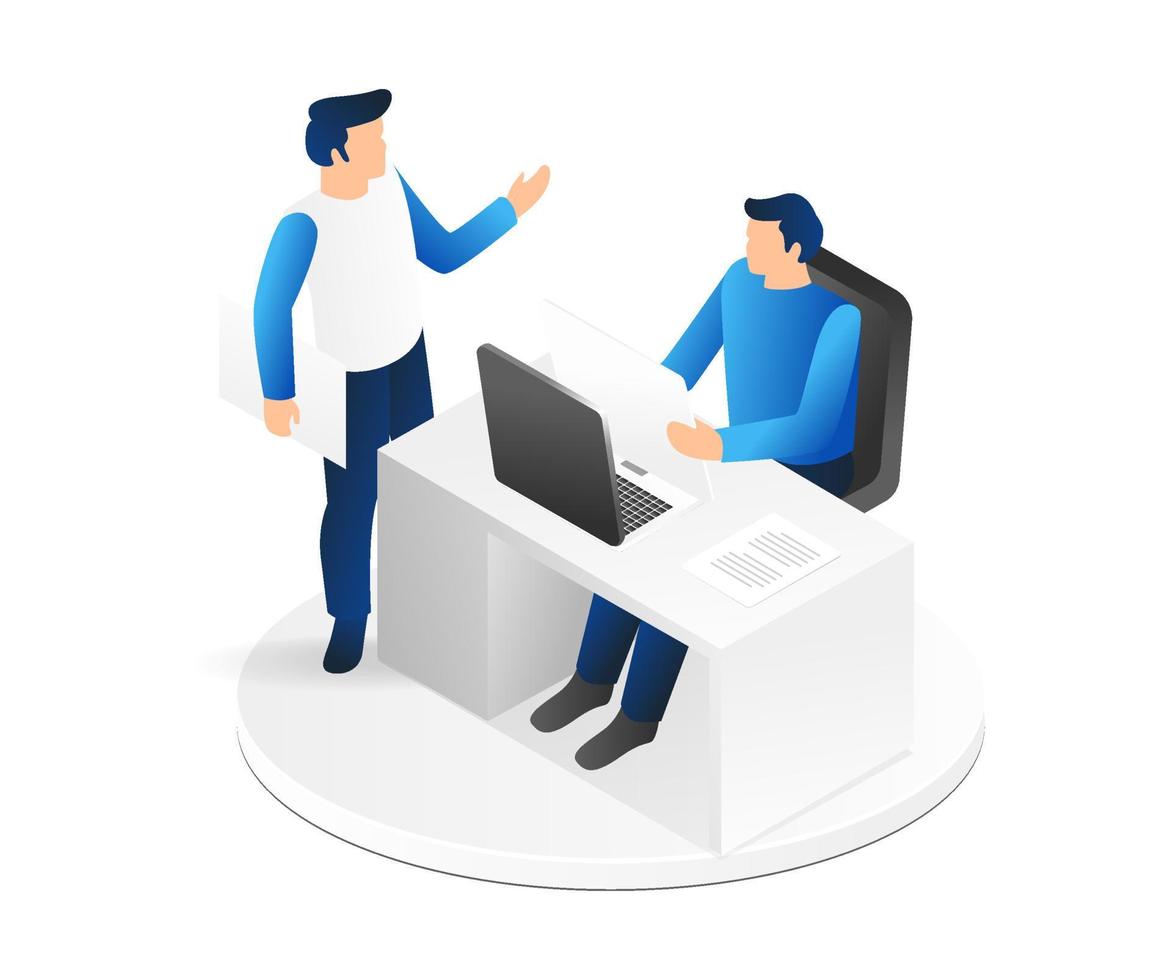 Isometric flat 3d illustration concept is discussing monthly business reports vector