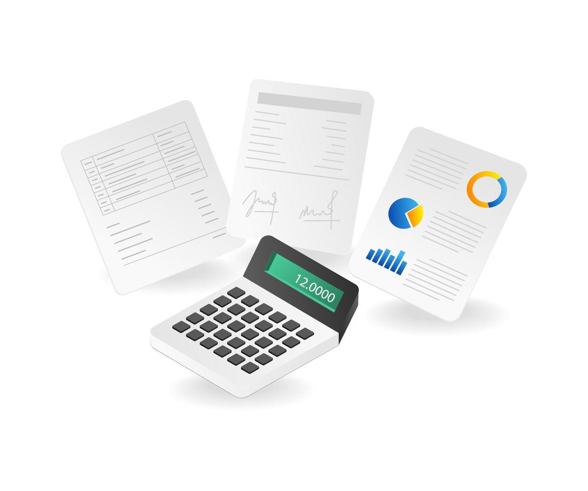 Isometric flat 3d illustration concept of business income calculation sheet vector