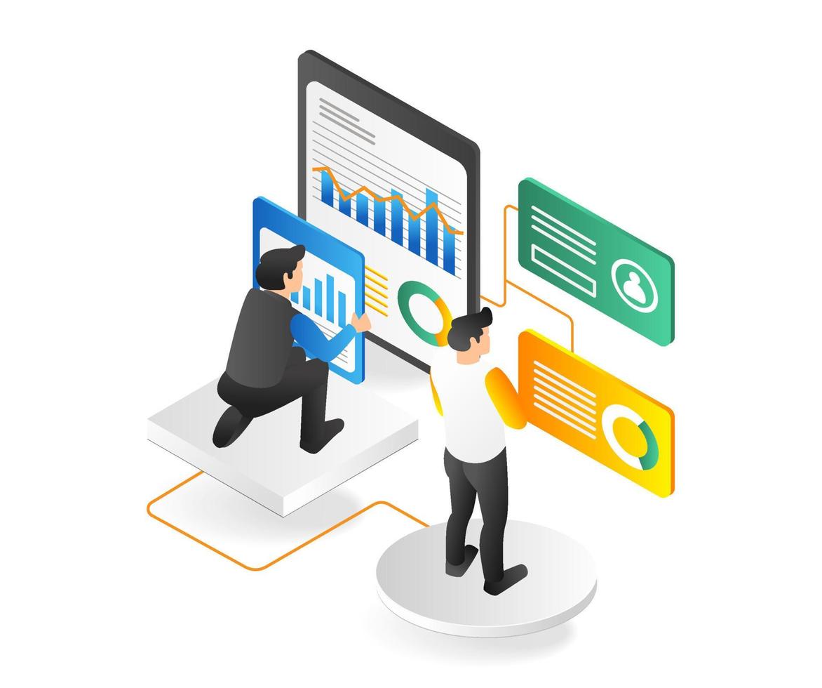 Isometric 3d flat illustration concept of two men compiling business analysis data vector