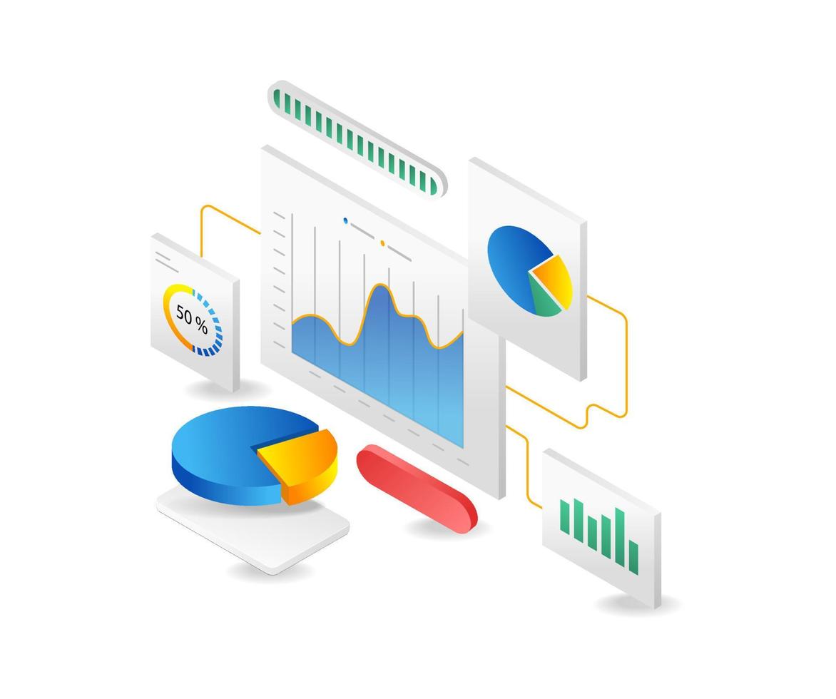 Isometric flat 3d illustration concept of data analyzer screen vector