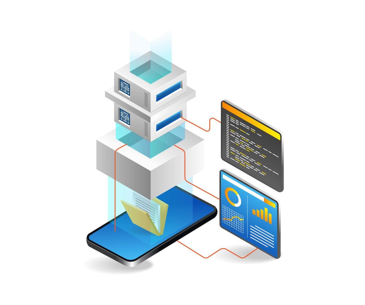 isométrica plano 3d ilustración concepto de solicitud teléfono inteligente análisis datos almacenamiento servidor vector