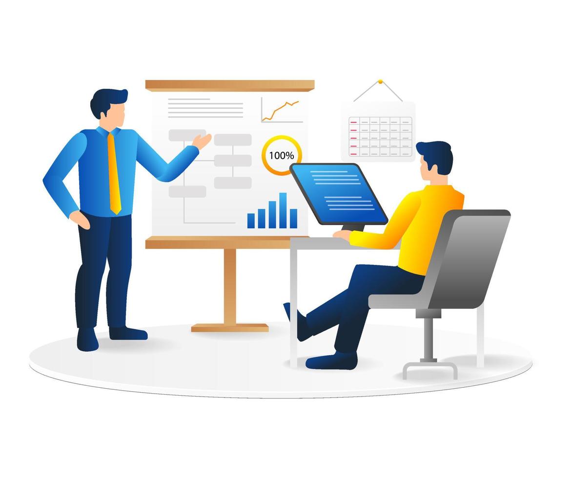 Isometric flat 3d illustration concept of boss is presenting business strategy vector