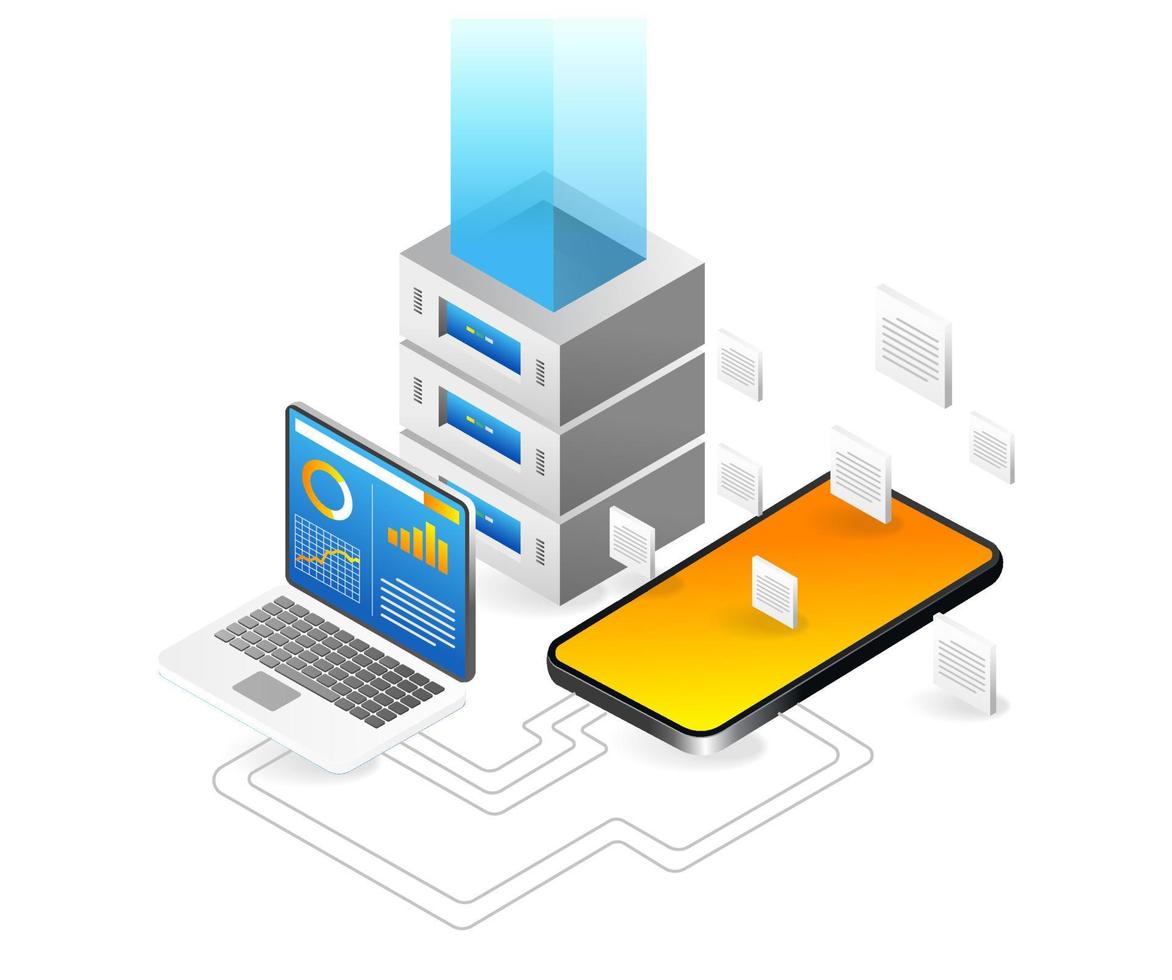 analista teléfono inteligente datos servidor isométrica plano 3d ilustración concepto vector