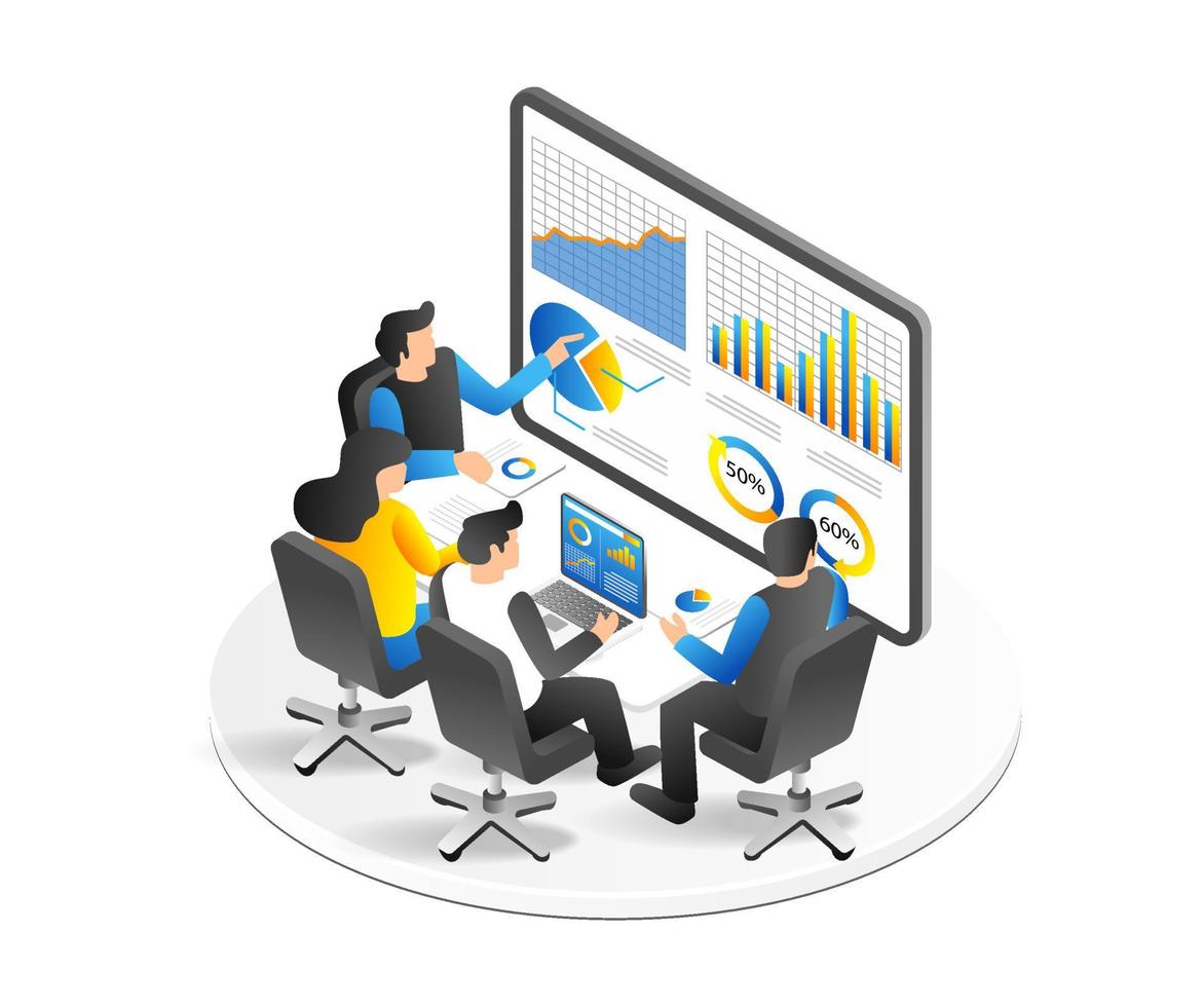 Isometric flat 3d illustration concept of team having business development analysis discussion vector